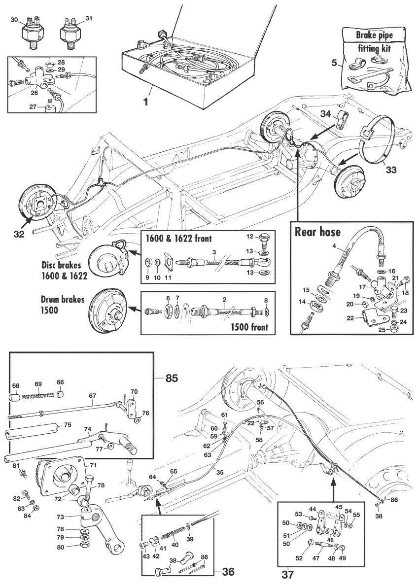 Brake pipes & parts - Handrem - Remsysteem - MGA 1955-1962